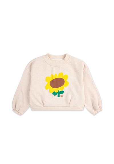 Light beige cropped sweatshirt with a large yellow sunflower graphic, brown center, and green stem. Features ribbed neckline and cuffs.