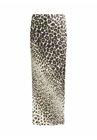 Gonna midi a stampa leopardata in un tessuto morbido, con una silhouette aderente, macchie nere e beige su uno sfondo crema e orlo dritto.