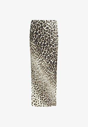 Midi-rok met luipaardprint in een soepele stof, met een getailleerd silhouet, zwarte en tan vlekken op een crèmekleurige achtergrond, en een rechte zoom.