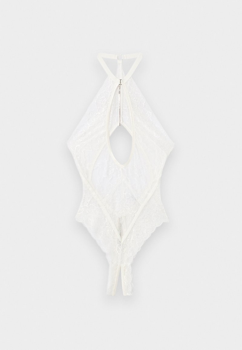 Λευκό κορμάκι με δαντέλα, halter-neck, πίσω άνοιγμα σε σχήμα κλειδιού και κλείσιμο με φερμουάρ, με λουλουδένια σχέδια και κυματιστά άκρα.