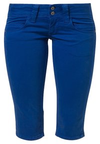 Pantaloni capri in denim blu con vita media, due tasche frontali e chiusura a due bottoni; texture liscia e design a gamba dritta.