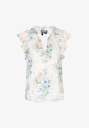 Lille lillede varrastega lilleline pluus, mis on valmistatud kerge kangast. Omab V-kaelust sidumisega ja pehmeid pastelseid sinise ja rohelise toone.