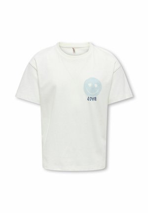 T-shirt blanc à manches courtes avec un visage souriant bleu clair aux yeux en forme de cœur et le mot "LOVE" écrit en dessous sur la poitrine gauche.