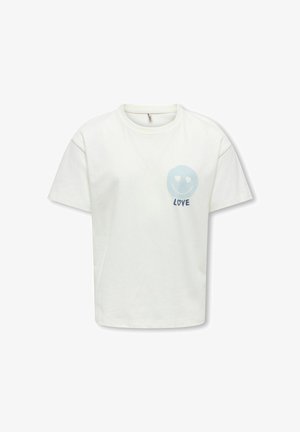 Biały t-shirt z krótkim rękawem z jasnoniebieską buźką z oczami w kształcie serca i słowem "LOVE" napisanym poniżej na lewej piersi.