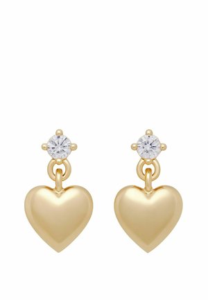 Goldene herzförmige Ohrringe mit glänzender Oberfläche, verziert mit einem klaren Edelstein oben und einem hängenden Design.