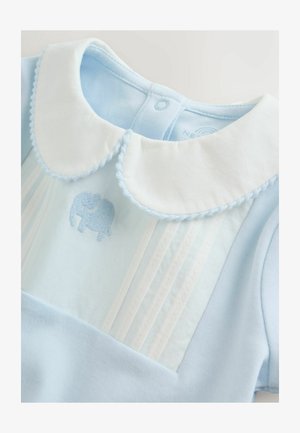 Hele sinine kleit valge kraega, voltidega disain ja tikitud elevandi detailiga. Kangas tundub pehme ja sile.