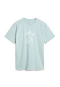 Camiseta de algodón azul claro con un gráfico de un conejo de dibujo animado en blanco y la palabra "Vans" integrada en el diseño. Manga corta, cuello redondo.