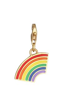 Charm en métal doré en forme d'arc-en-ciel avec sept bandes de couleur : rouge, orange, jaune, vert, bleu, indigo et violet, attaché par un fermoir.