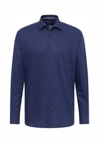 Camicia a maniche lunghe blu navy, design con bottoni, colletto e taschino sul petto, realizzata in tessuto morbido, con bottoni coordinati.