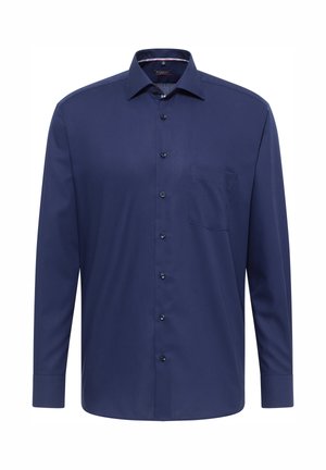 Marineblaues Langarmhemd mit Knopfdesign, Kragen und Brusttasche, aus glattem Stoff gefertigt und mit passenden Knöpfen ausgestattet.