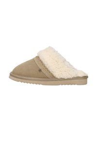Lichtbruine wollen slippers met een zachte crèmekleurige nepbont manchet, gestikte details langs de bovenkant en een flexibele rubberen zool.