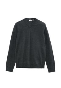 Ciemnoszary sweter z dekoltem w serek, długimi rękawami, ściągaczami przy rękawach i u dołu. Wykonany z miękkiego, teksturowanego materiału o gładkim wykończeniu.