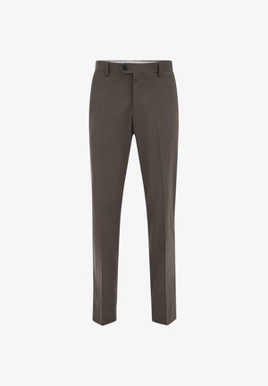 Bruine, op maat gemaakte herenhose met knoop- en ritssluiting aan de voorkant, riemlussen en een rechte pijpvorm, afgebeeld op een witte achtergrond.