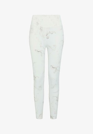 Leggings blancos con un patrón de mármol en gris y beige, hechos de material elástico, que cuentan con una cintura alta y un diseño ajustado.