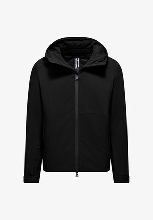 Giacca nera con cappuccio, dotata di zip frontale, maniche lunghe e fasce regolabili ai polsi, progettata per il freddo.