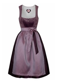 Robe violette avec un corsage en velours ajusté, fermeture éclair et une jupe en satin fluide. Elle dispose d'une taille ceinturée et d'accents en pois sur l'ourlet.