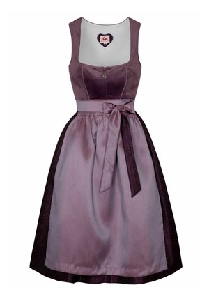 Purple dress with a fitted velvet bodice, zip closure, and a flowing satin skirt. Features a belted waist and polka dot accents on the hem.