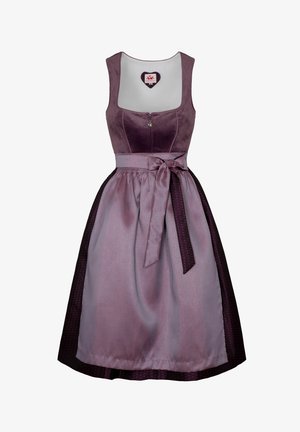 Lila Kleid mit einem figurbetonten Samtoberteil, Reißverschluss und einem fließenden Satins Rock. Hat eine taillierte Taille und Tupfenakzente am Saum.