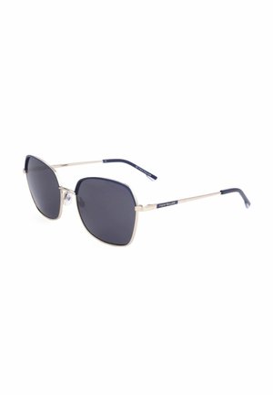 Occhiali da sole con lenti quadrate scure e sottili montature in metallo dorato, estremità delle aste blu navy e marchio "Tom Tailor" sulle aste.