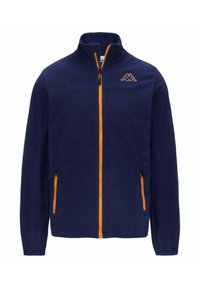 Giacca in pile navy con zip e dettagli arancioni. Presenta un alto colletto, due tasche laterali e un logo ricamato sul petto.