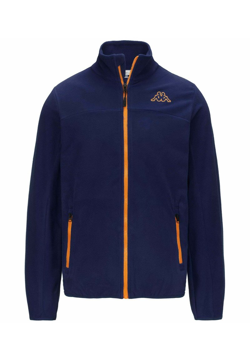 Giacca in pile navy con zip e dettagli arancioni. Presenta un alto colletto, due tasche laterali e un logo ricamato sul petto.