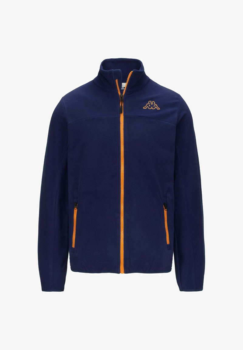 Giacca in pile navy con zip e dettagli arancioni. Presenta un alto colletto, due tasche laterali e un logo ricamato sul petto.