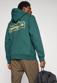 Groene hoodie met een groot "Patagonia" logo in geel en wit op de achterkant. Voorzien van een voorste kangoeroezak en ribgebreide manchetten en zoom.