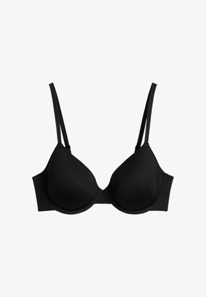 Reggiseno nero imbottito con ferretto, dotato di spalline doppie regolabili e coppe lisce, progettato per supporto e comfort quotidiani.