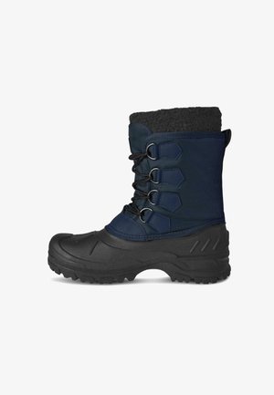 Marineblaue Winterstiefel mit schwarzer Gummisohle, strukturiertem Pelzkragen, Schnürdesign und verstärkter Zehenkappe zum Schutz.