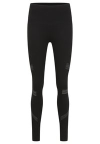 Schwarze Sportleggings mit hohem Bund, die reflektierende Streifen an den Unterschenkeln und einen glatten, dehnbaren Stoff für Komfort bieten.