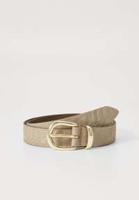 Beige textured leather belt with a gold-tone metal buckle, featuring a detailed embossed pattern and tapered end for a refined finish.