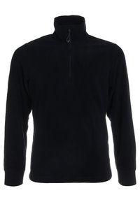 Sort fleece pullover med høj krave og halvlynlås fortil. Lange ærmer og en blød, struktureret overflade. Ingen synlige logoer eller mønstre.