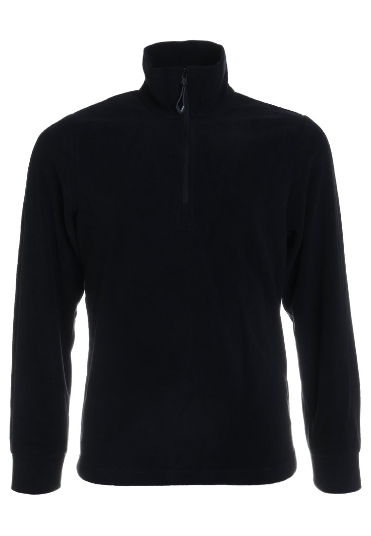 Sort fleece pullover med høj krave og halvlynlås fortil. Lange ærmer og en blød, struktureret overflade. Ingen synlige logoer eller mønstre.