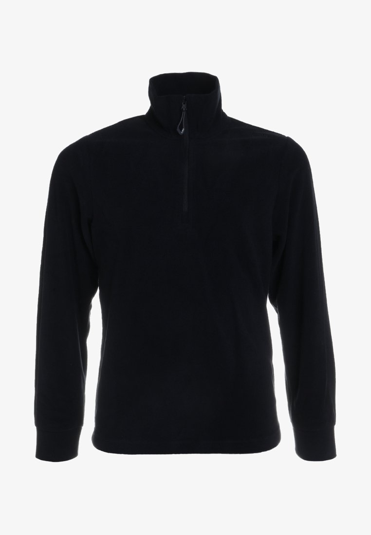 Schwarzer Fleece-Pullover mit hohem Kragen und halbem Reißverschluss vorne. Lange Ärmel und eine weiche, strukturierte Oberfläche. Keine sichtbaren Logos oder Muster.