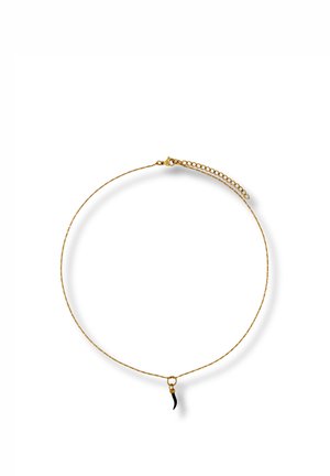 Delicate gold chain necklace with a small black horn-shaped charm pendant and adjustable clasp on white background.