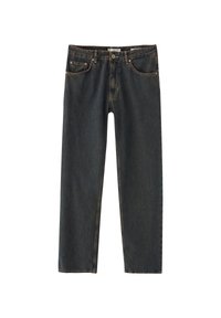 Jeans blu scuro con taglio a gamba dritta, realizzati in tessuto denim. Caratteristiche includono una chiusura con bottoni, passanti per cintura e tasche frontali.