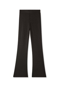 Czarne spódnie w kształcie dzwonów z elastycznego materiału, w białe kropki. Gładka tekstura, elastyczny pas i brak widocznych elementów metalowych.