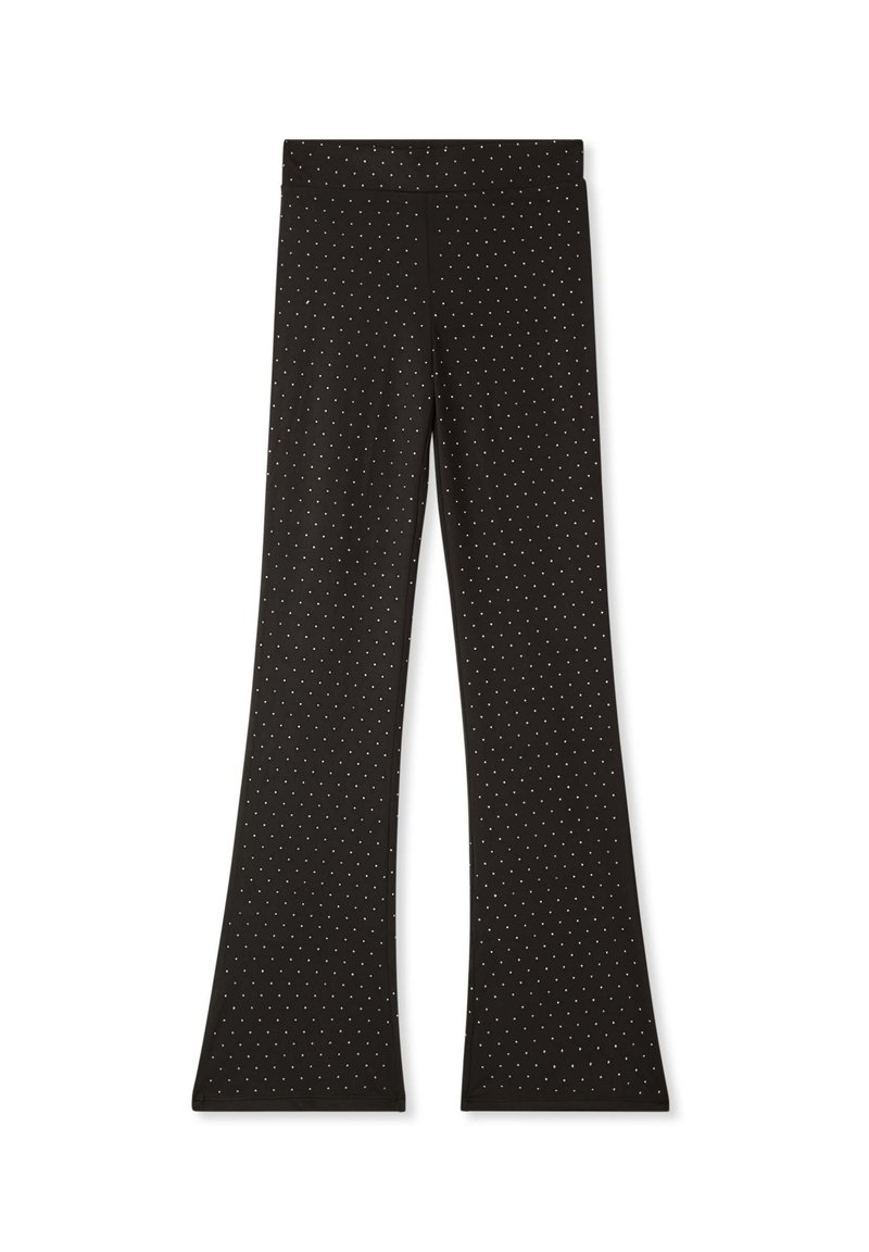 Czarne spódnie w kształcie dzwonów z elastycznego materiału, w białe kropki. Gładka tekstura, elastyczny pas i brak widocznych elementów metalowych.