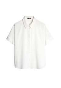 White short-sleeve shirt with a collar, featuring a button-down front. Made of smooth material with a loose fit. Simple design, no patterns.