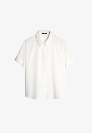 Bijela košulja kratkih rukava s ovratnikom, s kopčanjem sprijeda. Izrađena od glatkog materijala s slobodnim krojem. Jednostavan dizajn, bez uzoraka.