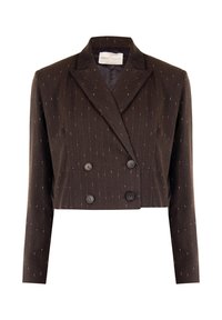 Gekürzter, doppelt geknöpfter Blazer aus dunkelbraunem Stoff mit dezenten goldenen Nadelstreifen, versehen mit zwei schwarzen Knöpfen und einem markanten Kragen.