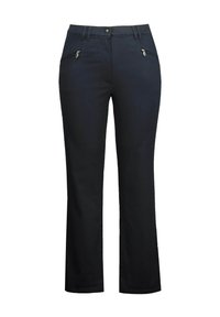 Pantalon noir droit avec poches zippées à l'avant, passants pour ceinture et fermeture par bouton, présenté sur un fond blanc.