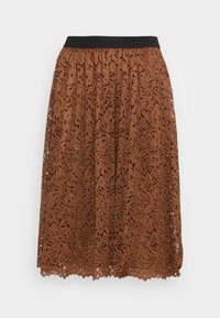 Bruine kant rok met een zwarte elastische tailleband, voorzien van een bloemenpatroon, geplooid ontwerp en een geschulpte zoom.