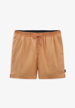 Bañador de color marrón claro hecho de material de secado rápido; cinturilla elástica con cordón; bolsillos laterales; pequeño detalle de logo en el dobladillo.