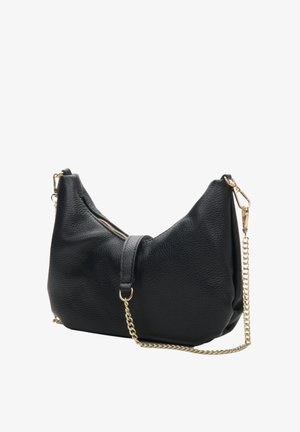 Black leather shoulder bag with a textured finish, a top zipper closure, and a gold-tone chain strap. Curved shape with a single handle.