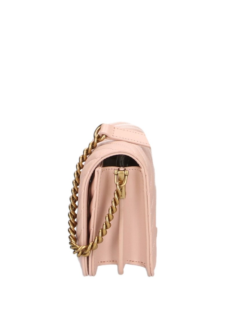 Borsa a tracolla in pelle rosa con texture trapuntata, tracolla in catena dorata e piccola tasca con zip. Forma rettangolare compatta, design minimalista.