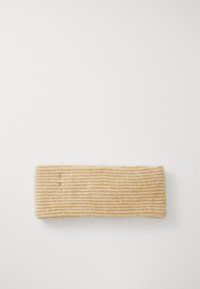 Knit headband in soft beige, featuring a ribbed texture and rectangular shape, designed for warmth and comfort.