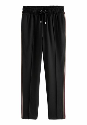 Pantaloni sportivi neri con vita elasticizzata e coulisse, caratterizzati da strisce a contrasto beige e bordeaux lungo i lati.