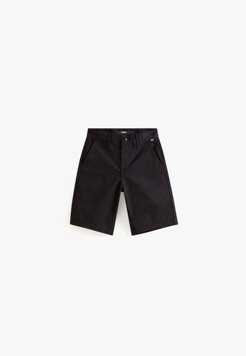 Shorts noirs en tissu mélange de coton, présentant une texture lisse, des poches avant, une fermeture par boutons et une coupe droite.