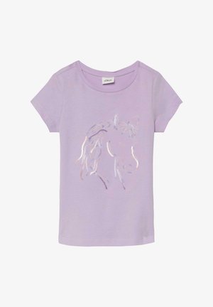 Lila meisjes t-shirt met korte mouwen met een pailletomtrek van een paardenhoofd aan de voorkant en een ronde halslijn.